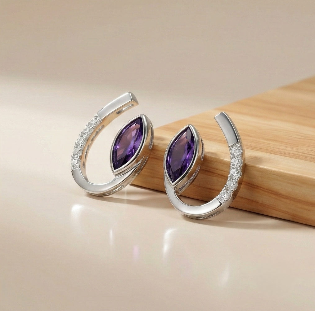 925 Sterling Silver Modern Curved Marquise Purple Stone Stud Earrings Jewellery For Women : AG0202-169