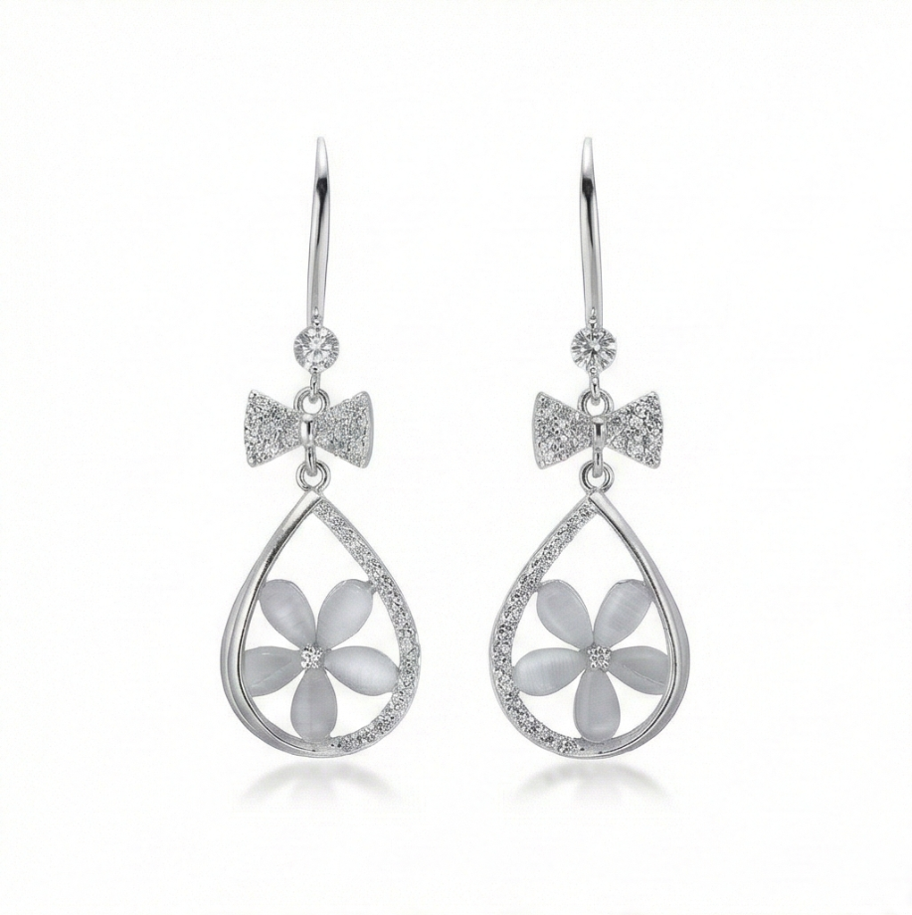 925 Sterling Silver Floral Teardrop Earrings With Bow Detail High Polish Rhodium Jewellery : AG0202-162-174