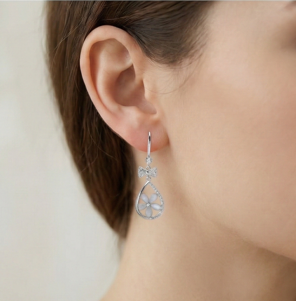 925 Sterling Silver Floral Teardrop Earrings With Bow Detail High Polish Rhodium Jewellery : AG0202-162-174