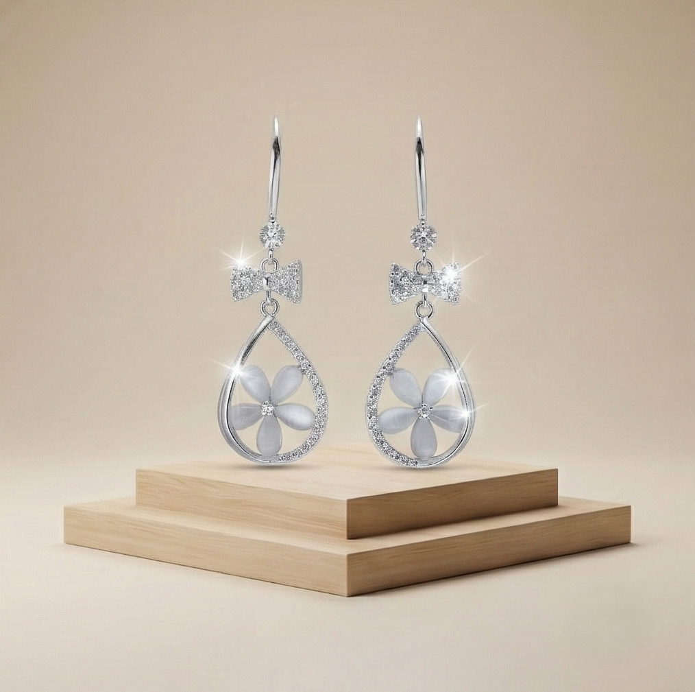 925 Sterling Silver Floral Teardrop Earrings With Bow Detail High Polish Rhodium Jewellery : AG0202-162-174