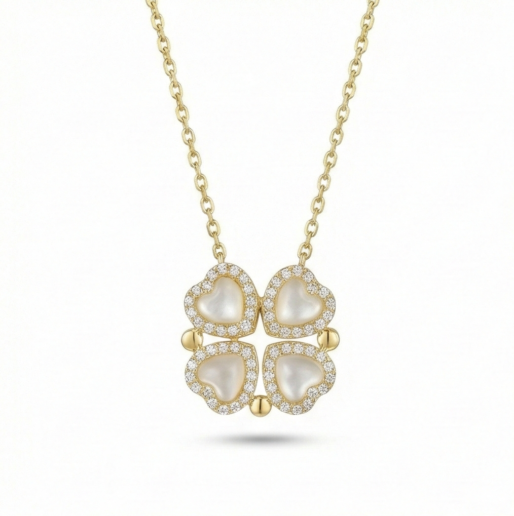 925 Sterling Silver Gold Plated Pearlescent Clover Pendant Necklace Jewellery For Women : AG0202-18