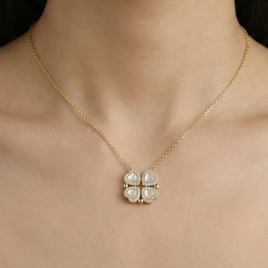 925 Sterling Silver Gold Plated Pearlescent Clover Pendant Necklace Jewellery For Women : AG0202-18