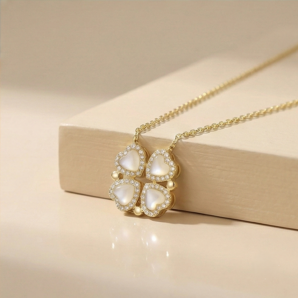 925 Sterling Silver Gold Plated Pearlescent Clover Pendant Necklace Jewellery For Women : AG0202-18