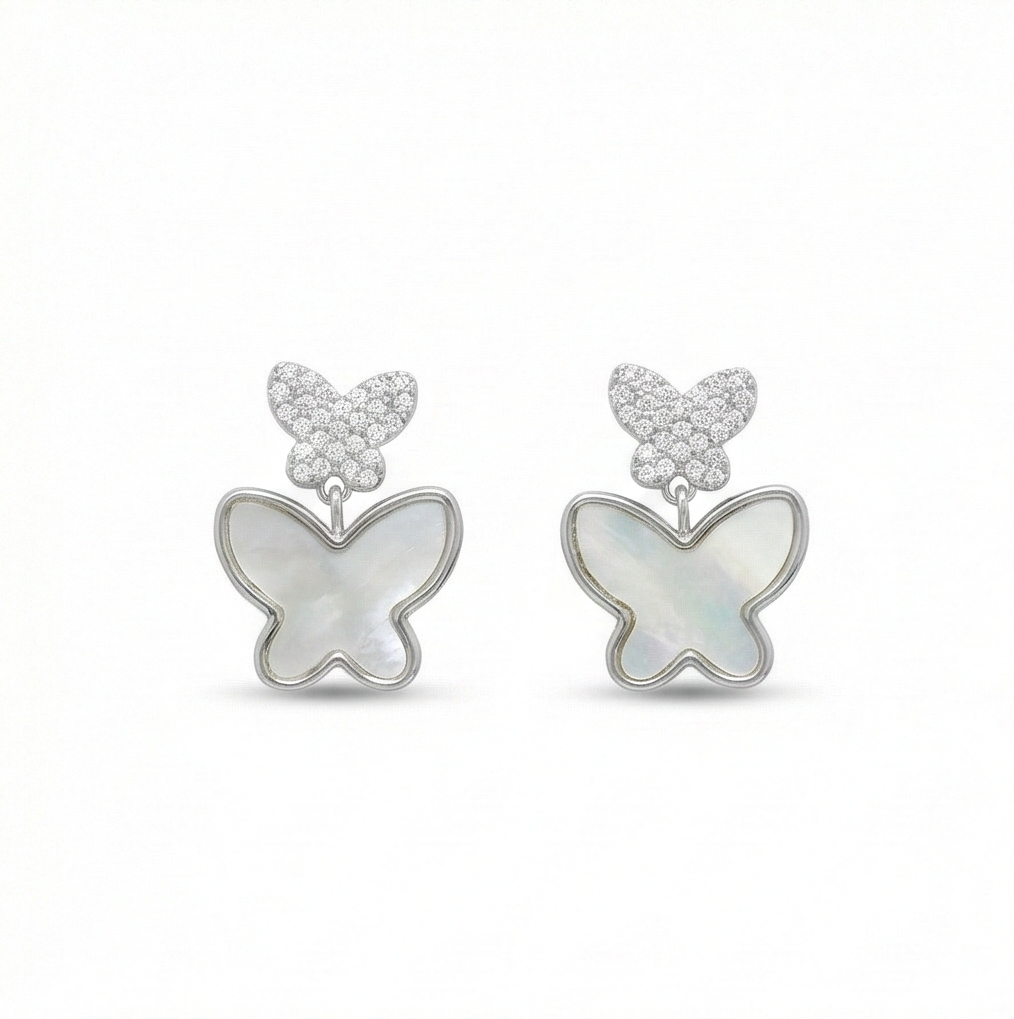 925 Sterling Silver Double Butterfly Earrings Mother Of Pearl Inlay Rhodium Finish Jewellery : AG0202-181