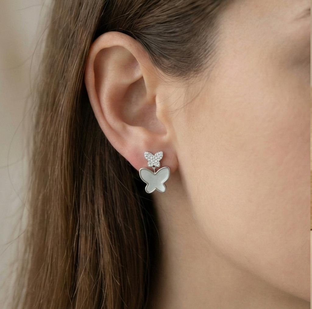 925 Sterling Silver Double Butterfly Earrings Mother Of Pearl Inlay Rhodium Finish Jewellery : AG0202-181