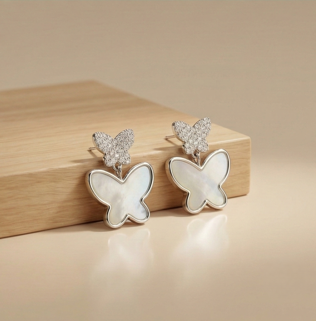 925 Sterling Silver Double Butterfly Earrings Mother Of Pearl Inlay Rhodium Finish Jewellery : AG0202-181
