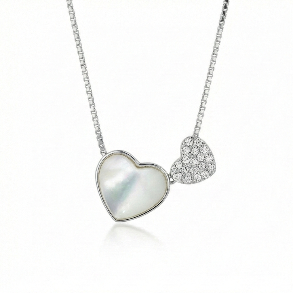 925 Sterling Silver Mother Of Pearl Double Heart Pendant Necklace Jewellery For Women : AG0202-13-19