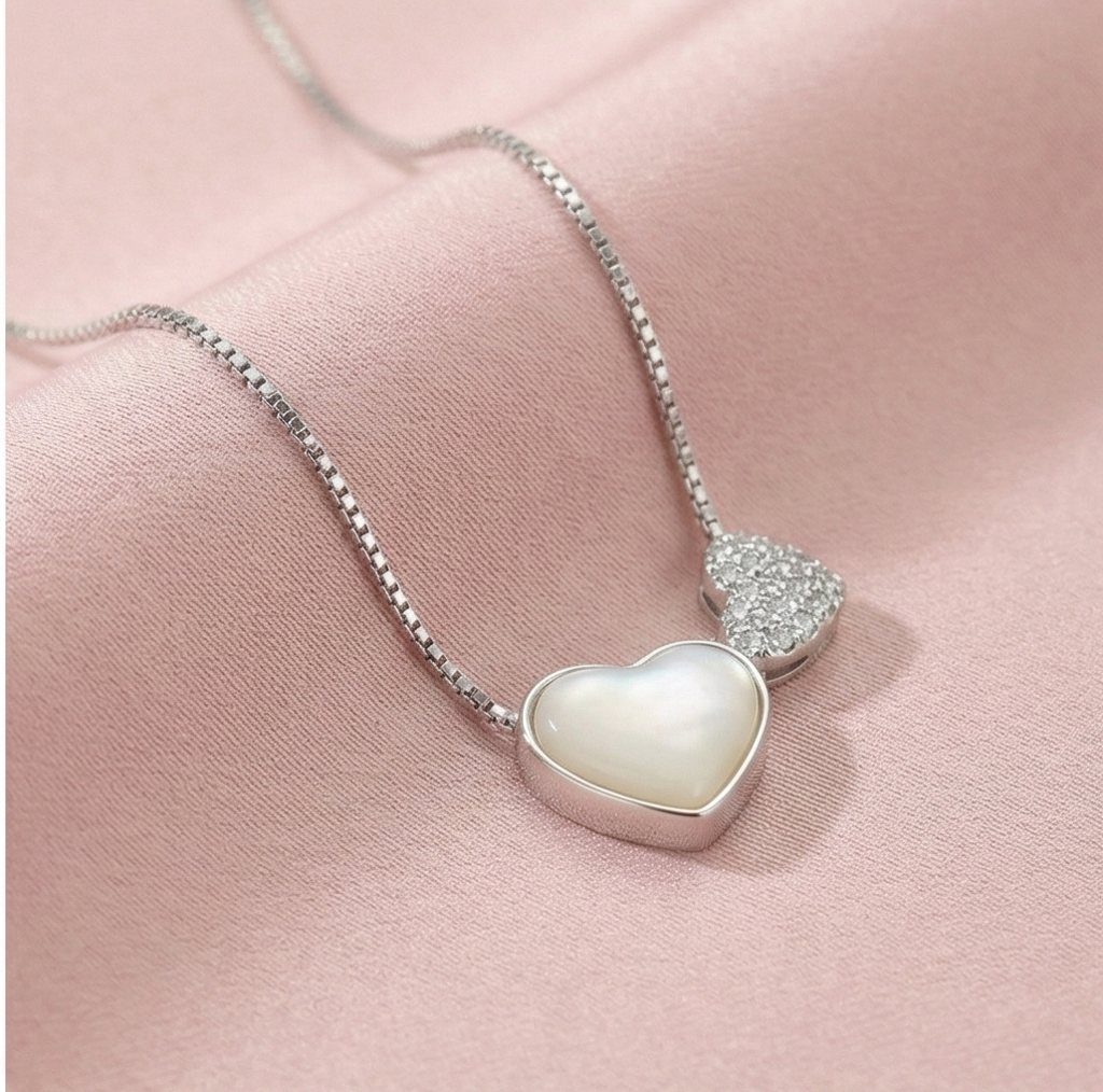 925 Sterling Silver Mother Of Pearl Double Heart Pendant Necklace Jewellery For Women : AG0202-13-19