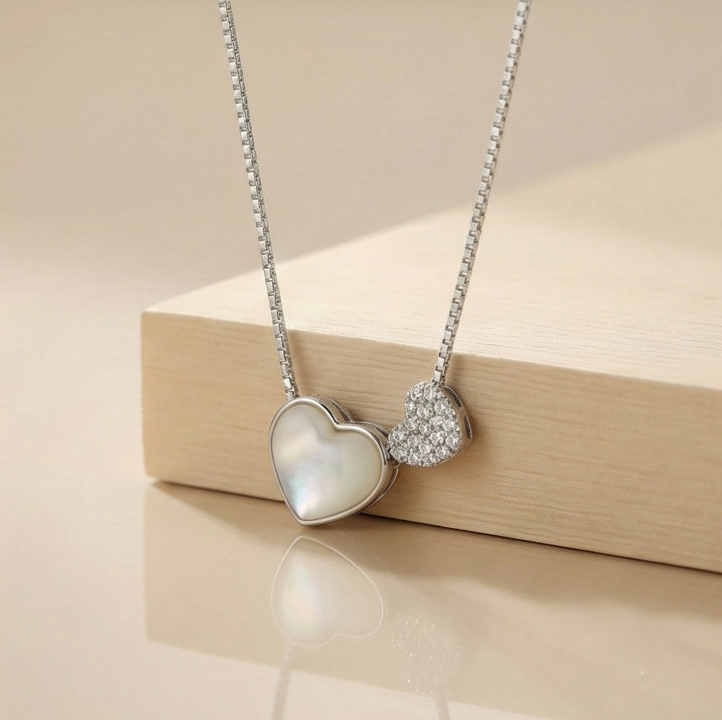 925 Sterling Silver Mother Of Pearl Double Heart Pendant Necklace Jewellery For Women : AG0202-13-19