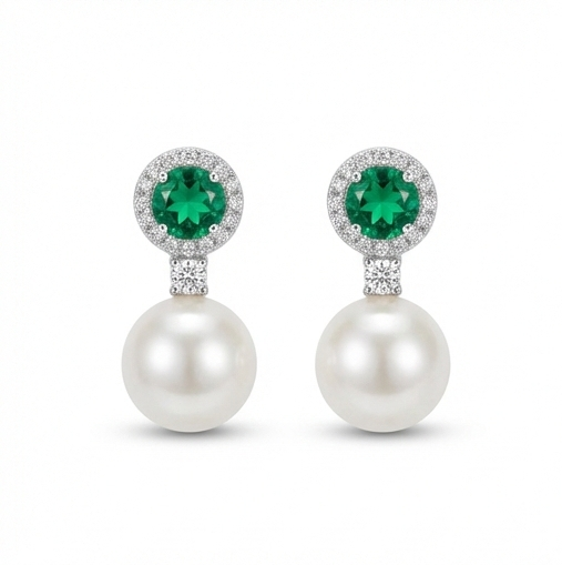 925 Sterling Silver Green Stone Halo Pearl Drop Earrings Jewellery For Women High Rhodium Polish : AG0202-191