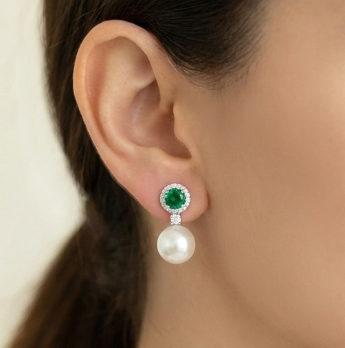925 Sterling Silver Green Stone Halo Pearl Drop Earrings Jewellery For Women High Rhodium Polish : AG0202-191