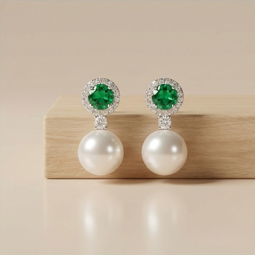 925 Sterling Silver Green Stone Halo Pearl Drop Earrings Jewellery For Women High Rhodium Polish : AG0202-191