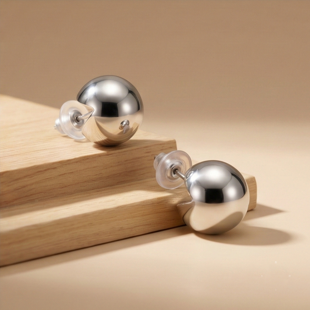 925 Sterling Silver Modern Geometric Sphere Stud Earrings High Polish Minimalist Jewellery For Women : AG0202-193
