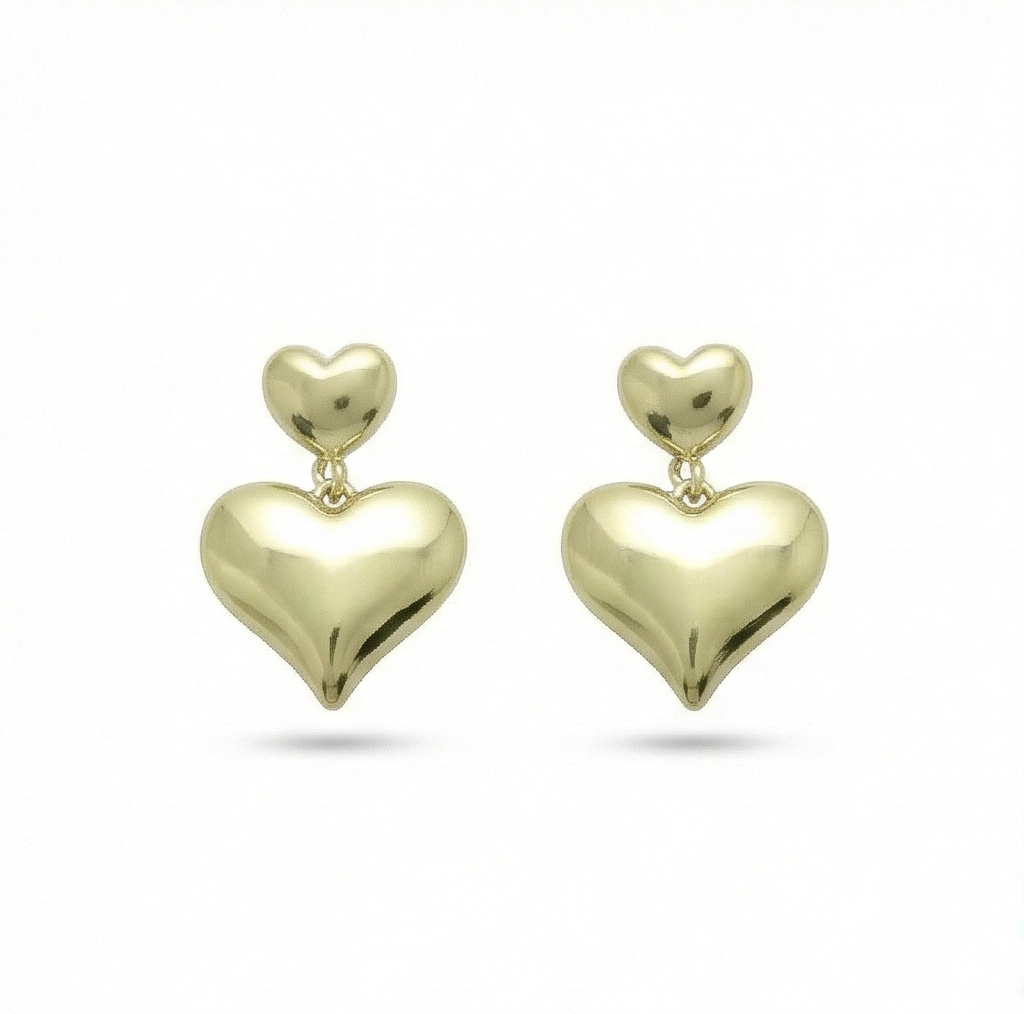 925 Sterling Silver Gold Plated Double Puffed Heart Drop Earrings Jewellery : AG0202-196