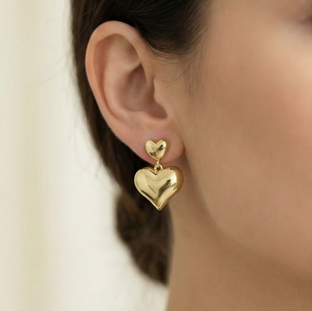 925 Sterling Silver Gold Plated Double Puffed Heart Drop Earrings Jewellery : AG0202-196