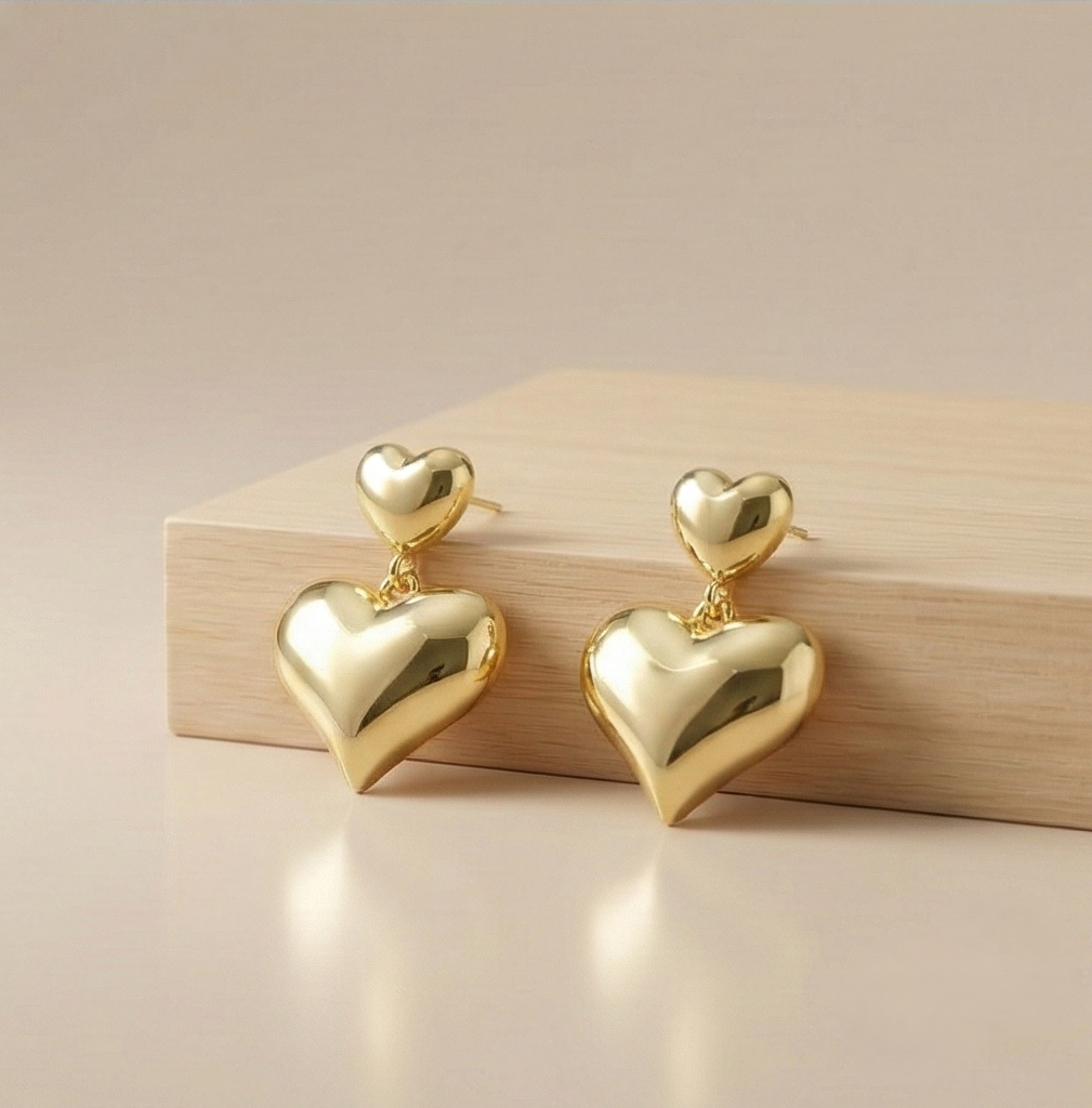 925 Sterling Silver Gold Plated Double Puffed Heart Drop Earrings Jewellery : AG0202-196