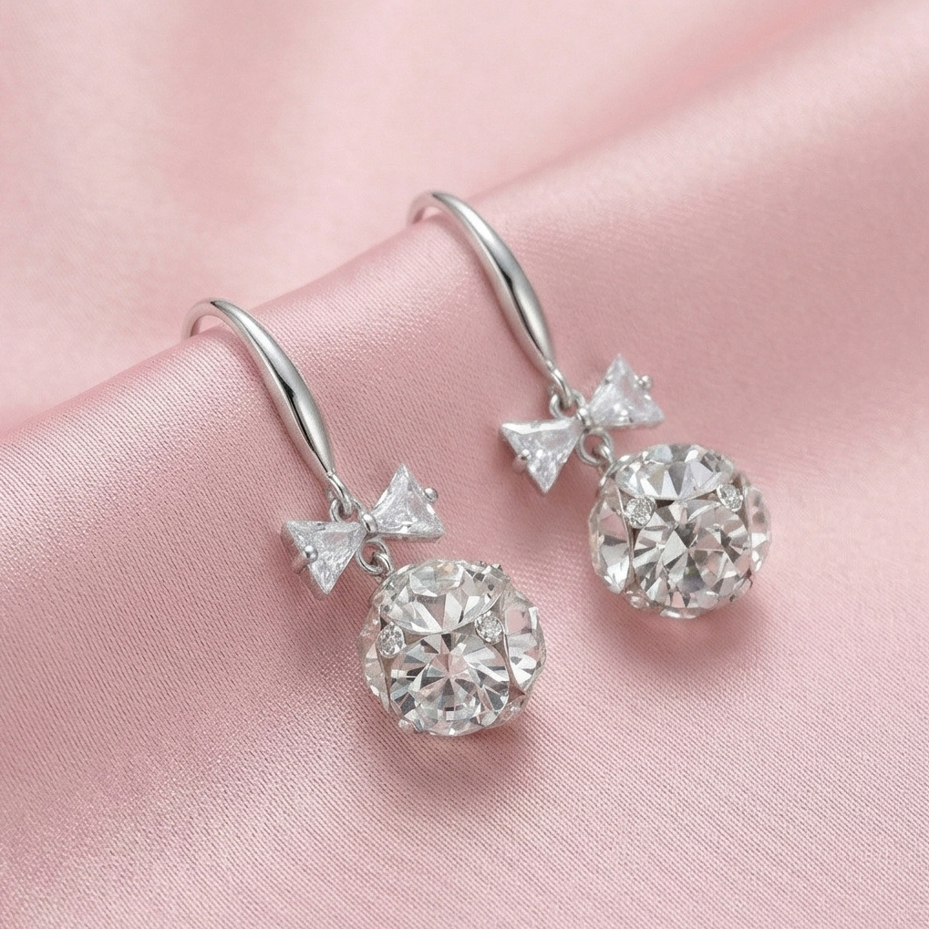 925 Sterling Silver Crystal Bow Knot Drop Earrings With Faceted Ball Charm Jewellery : AG0202-199