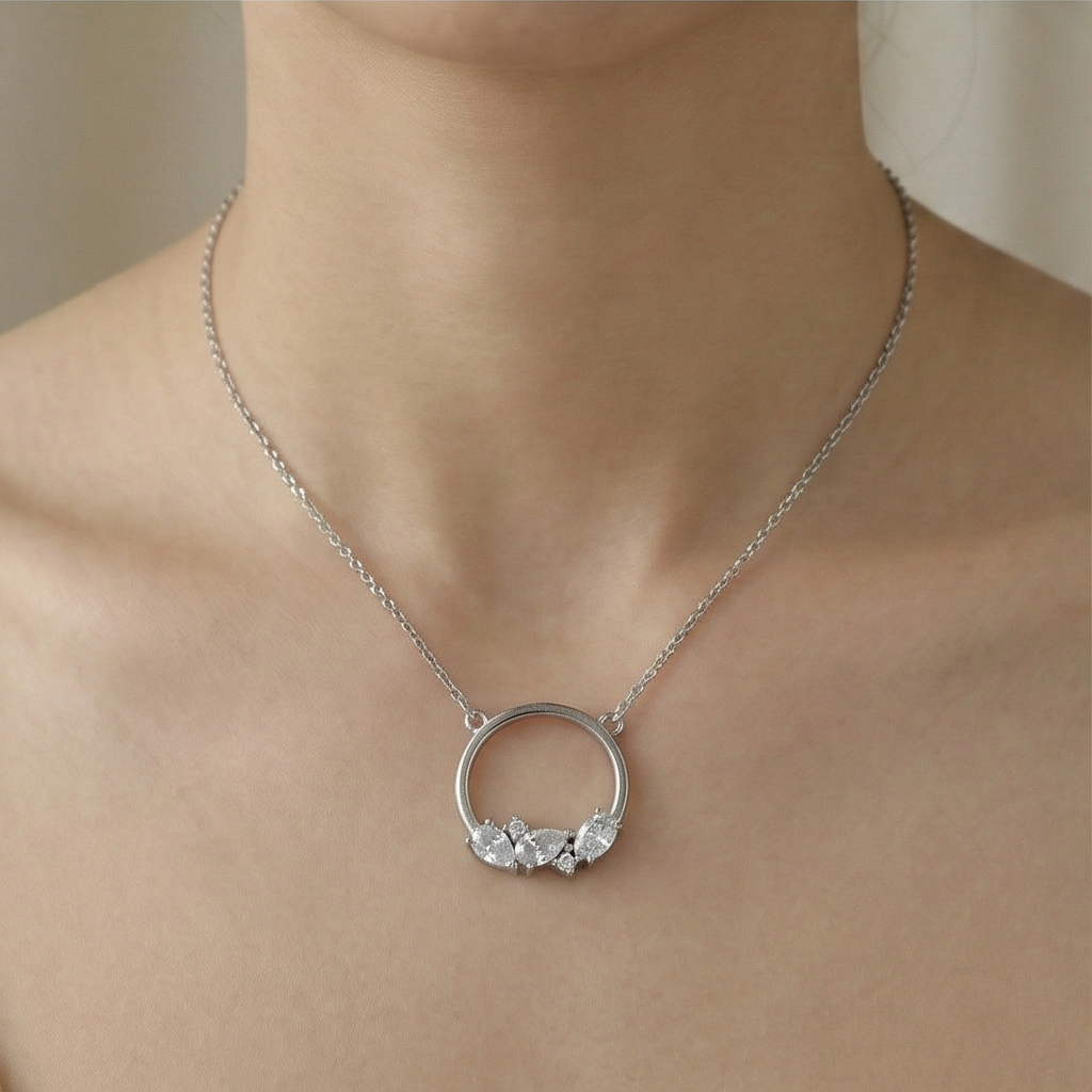 925 Sterling Silver Open Circle Cluster Pendant Necklace Jewellery For Women : AG0202-2