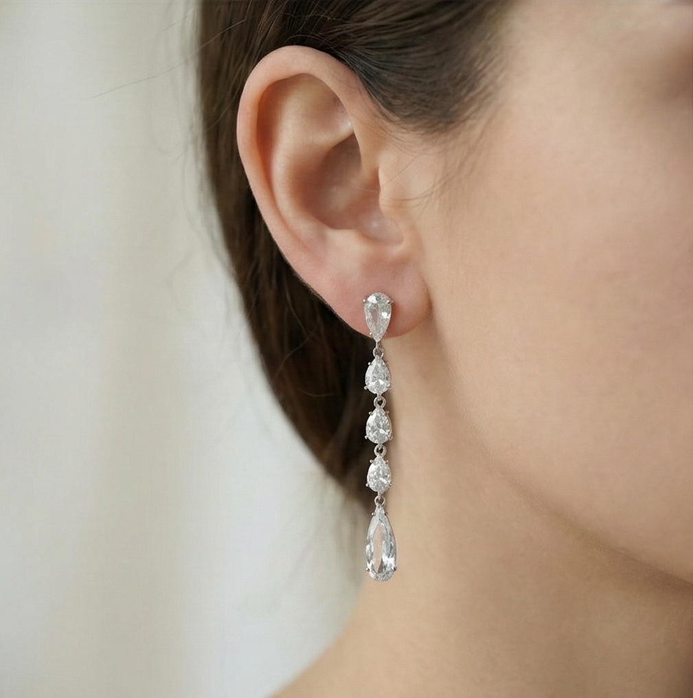 925 Sterling Silver Long Linear Pear Dangle Earrings High Polish Rhodium Jewellery : AG0202-152-202