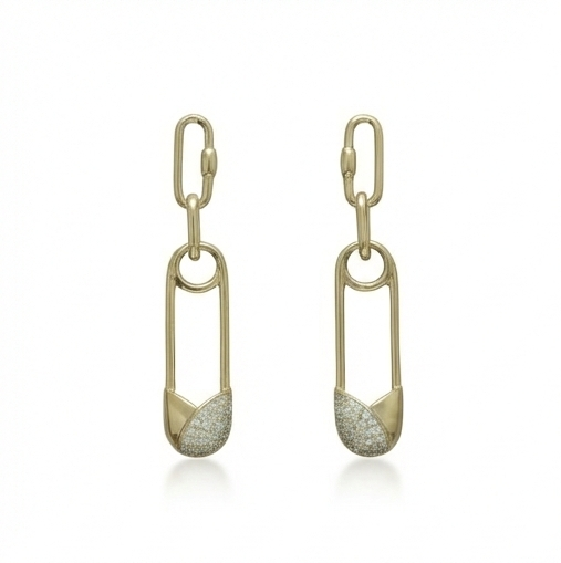 925 Sterling Silver Gold Plated Safety Pin Link Drop Earrings Jewellery Pave Setting : AG0202-208