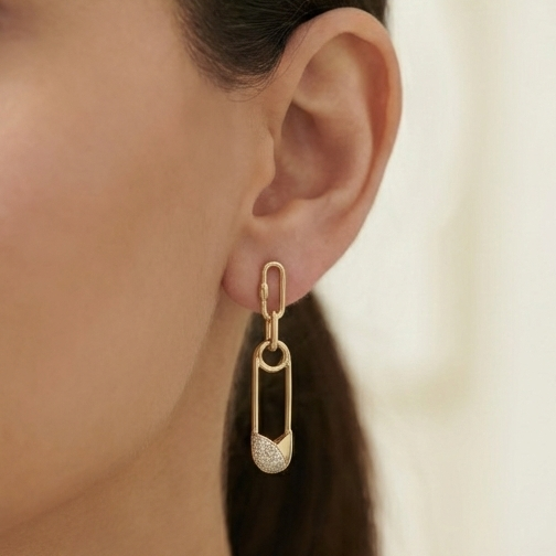 925 Sterling Silver Gold Plated Safety Pin Link Drop Earrings Jewellery Pave Setting : AG0202-208
