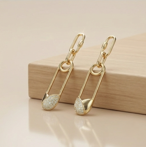 925 Sterling Silver Gold Plated Safety Pin Link Drop Earrings Jewellery Pave Setting : AG0202-208