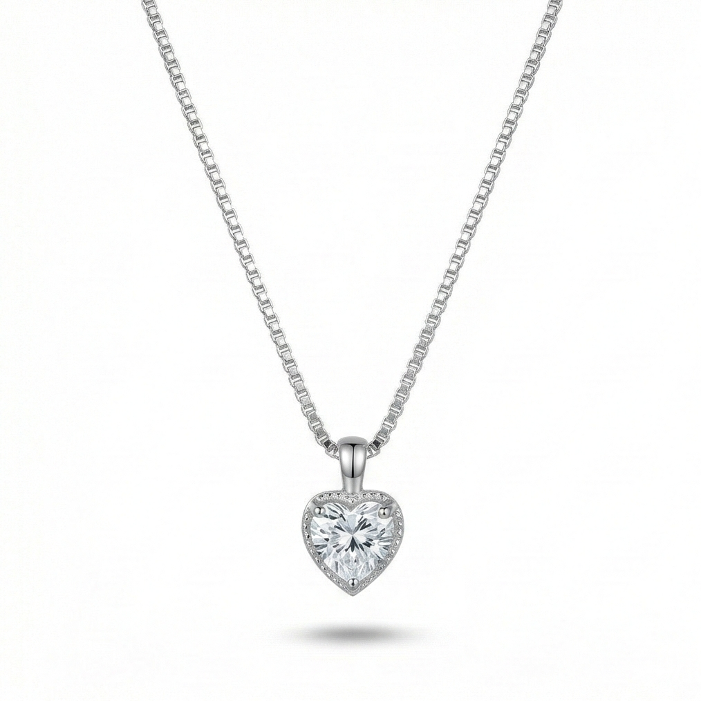 925 Sterling Silver Classic Heart Halo Solitaire Pendant Necklace Jewellery For Women : AG0202-21