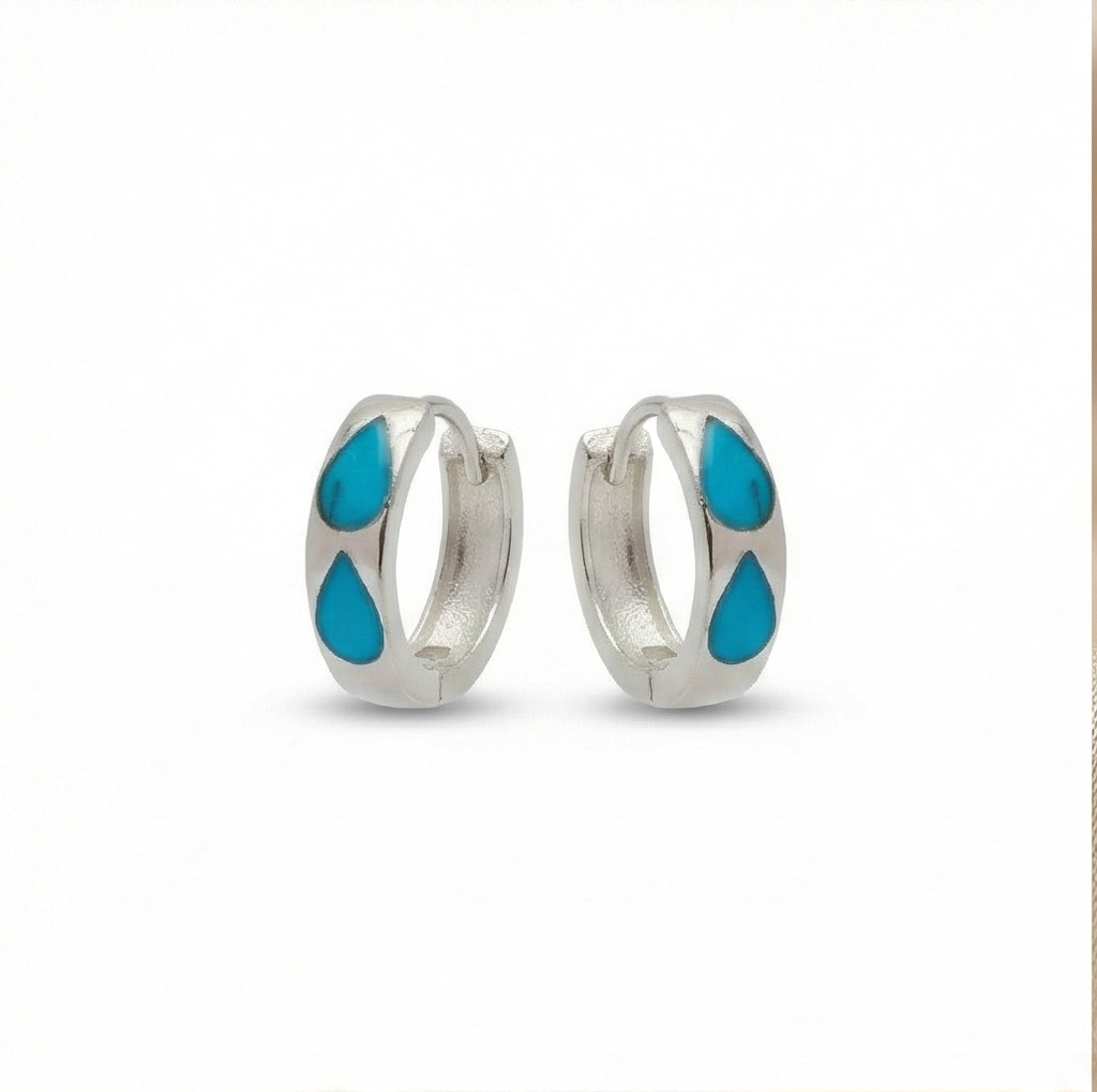 925 Sterling Silver Turquoise Blue Teardrop Inlay Huggie Hoop Earrings For Women Rhodium Plated Jewellery : AG0202-213