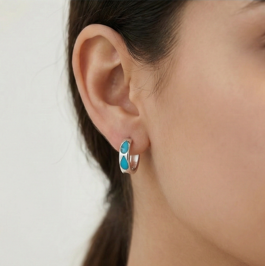 925 Sterling Silver Turquoise Blue Teardrop Inlay Huggie Hoop Earrings For Women Rhodium Plated Jewellery : AG0202-213