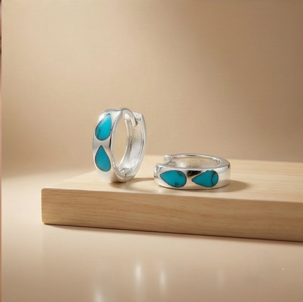 925 Sterling Silver Turquoise Blue Teardrop Inlay Huggie Hoop Earrings For Women Rhodium Plated Jewellery : AG0202-213