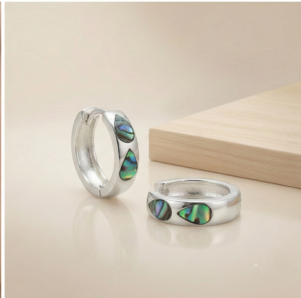 925 Sterling Silver Abalone Shell Teardrop Inlay Hoop Earrings Jewellery For Women : AG0202-216