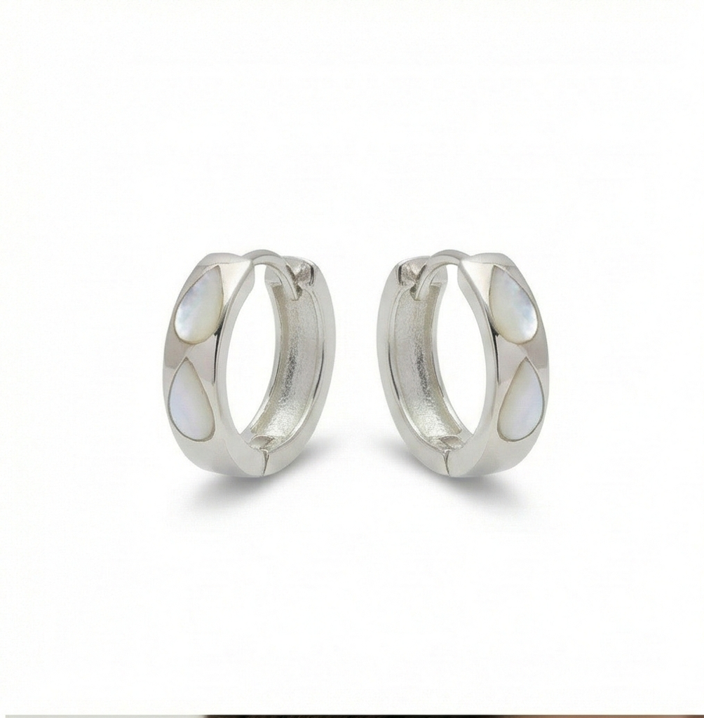 925 Sterling Silver White Pearlescent Teardrop Huggie Hoop Earrings For Women Rhodium Plated Jewellery : AG0202-218