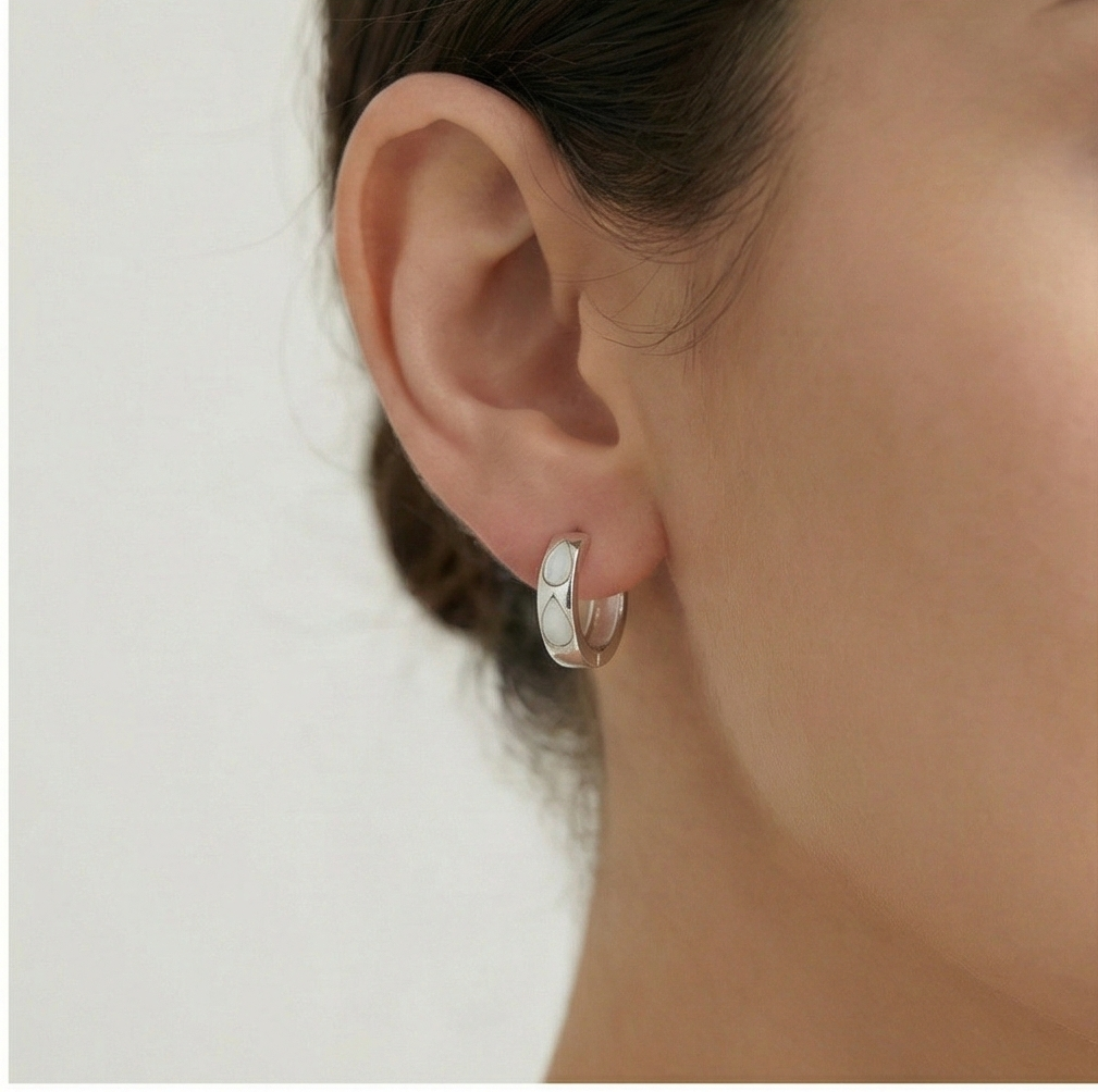 925 Sterling Silver White Pearlescent Teardrop Huggie Hoop Earrings For Women Rhodium Plated Jewellery : AG0202-218