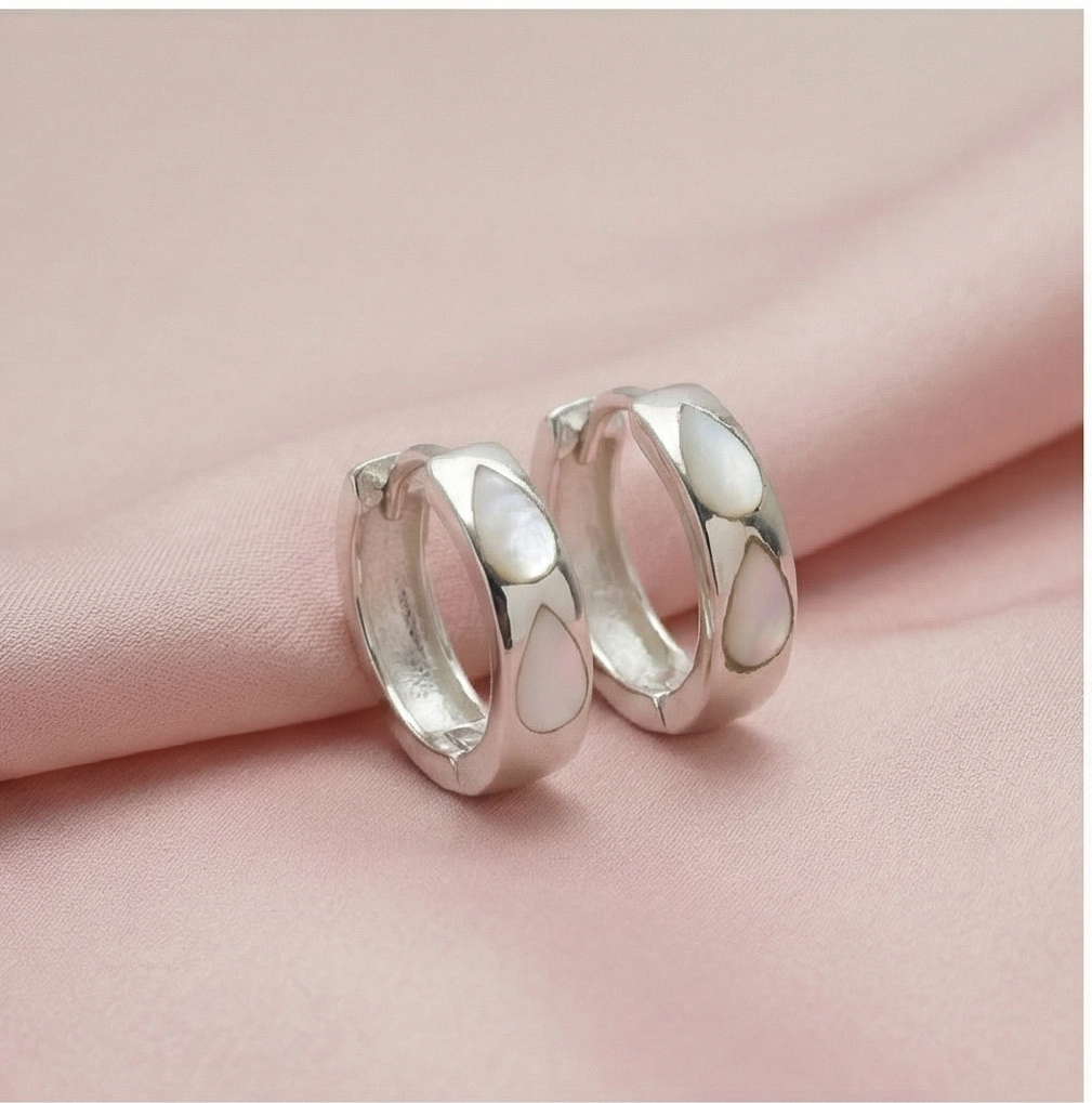 925 Sterling Silver White Pearlescent Teardrop Huggie Hoop Earrings For Women Rhodium Plated Jewellery : AG0202-218