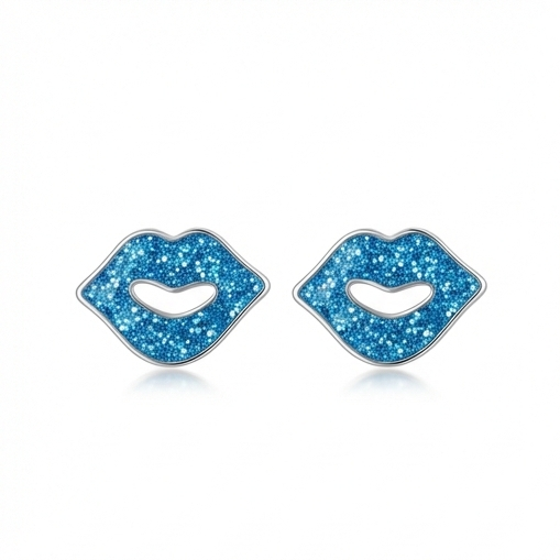 925 Sterling Silver Blue Glitter Lips Stud Earrings Jewellery For Women And Girls : AG0202-219-3