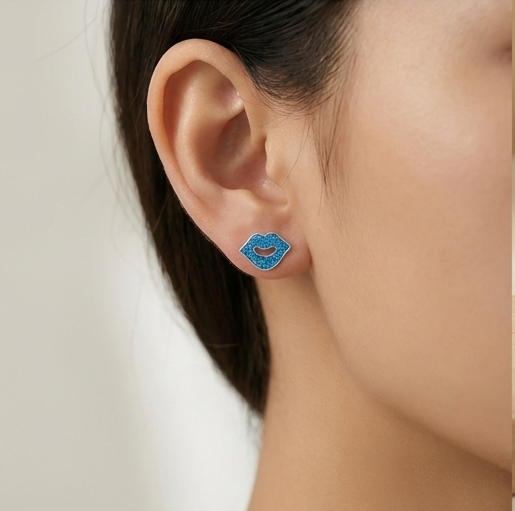 925 Sterling Silver Blue Glitter Lips Stud Earrings Jewellery For Women And Girls : AG0202-219-3
