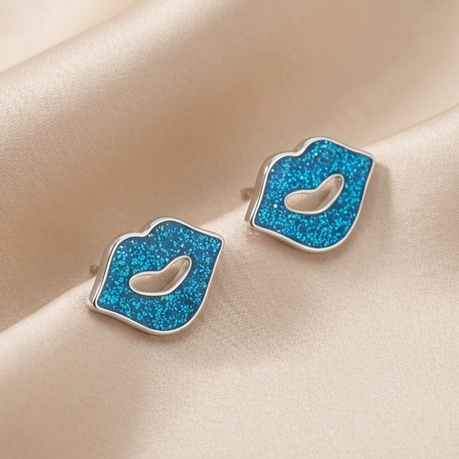 925 Sterling Silver Blue Glitter Lips Stud Earrings Jewellery For Women And Girls : AG0202-219-3
