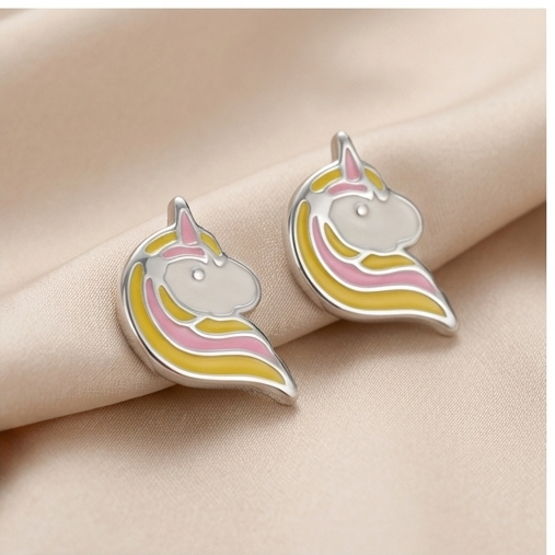 925 Sterling Silver Pastel Enamel Unicorn Head Stud Earrings Jewellery : AG0202-219-4