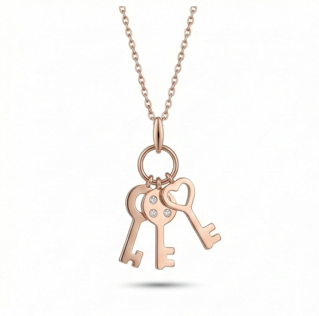 925 Sterling Silver Rose Gold Plated Trio Key Charm Pendant Necklace Jewellery For Women : AG0202-22