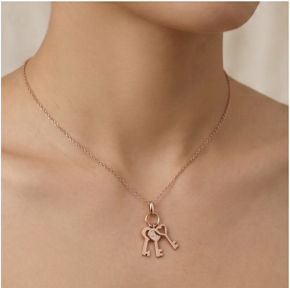 925 Sterling Silver Rose Gold Plated Trio Key Charm Pendant Necklace Jewellery For Women : AG0202-22