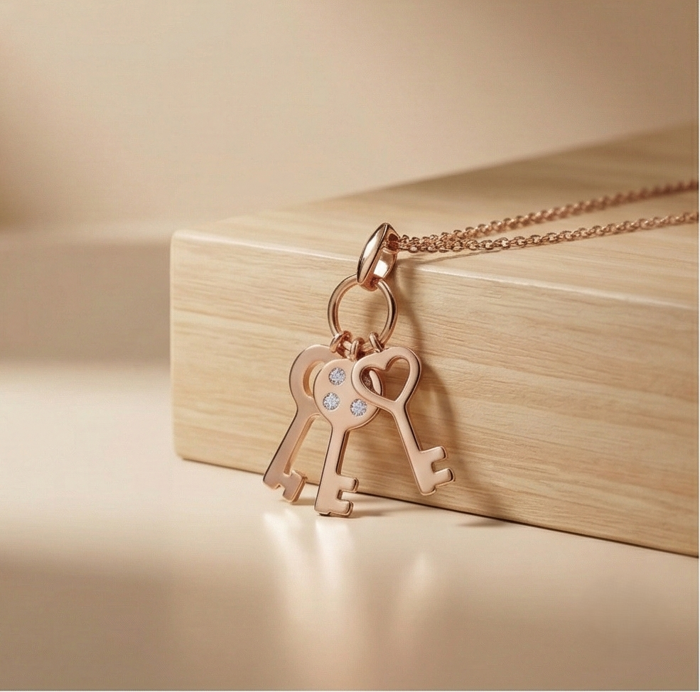 925 Sterling Silver Rose Gold Plated Trio Key Charm Pendant Necklace Jewellery For Women : AG0202-22