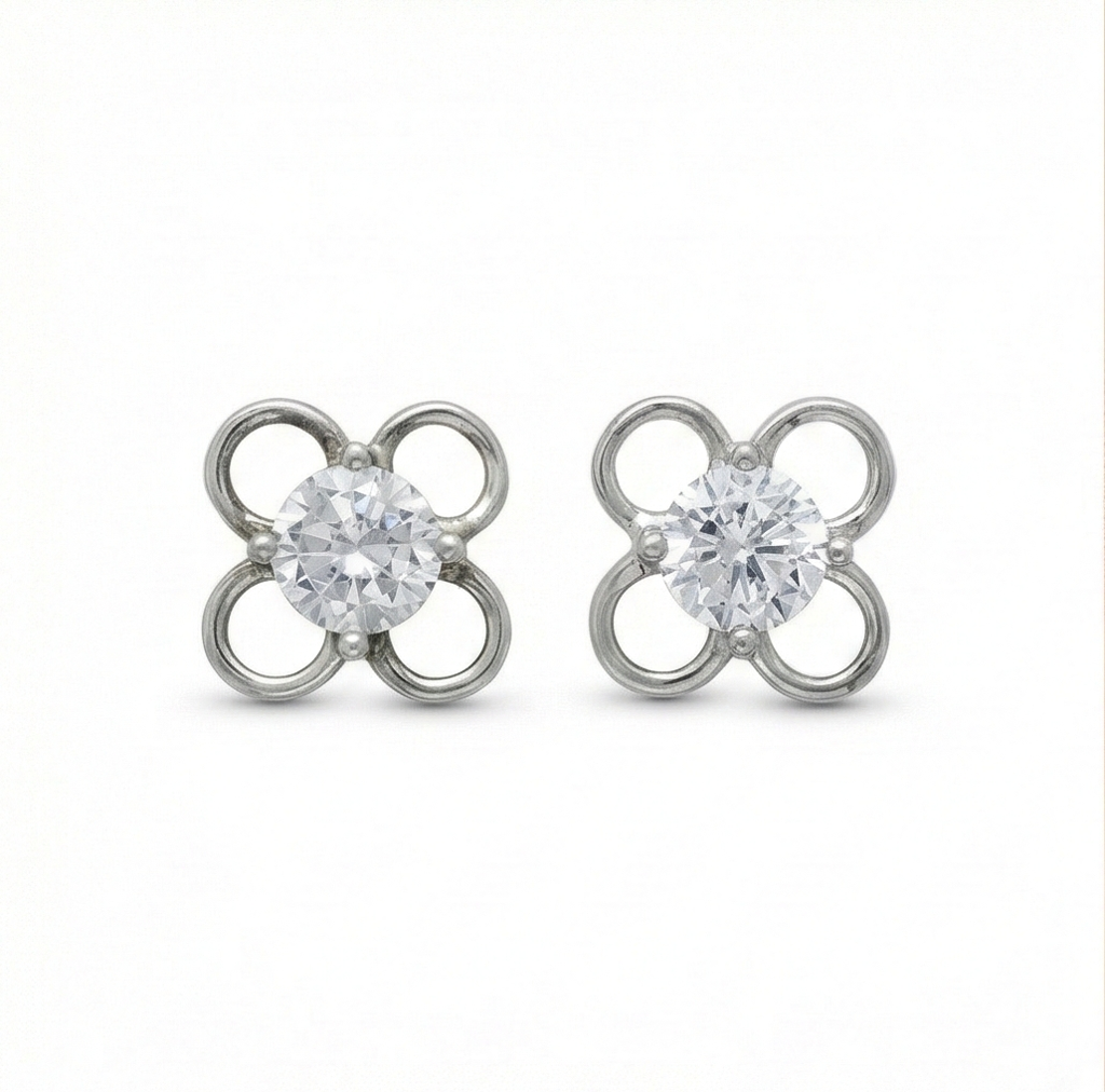 925 Sterling Silver Openwork Flower Stud Earrings Solitaire Center Rhodium Finish Jewellery : AG0202-220-1