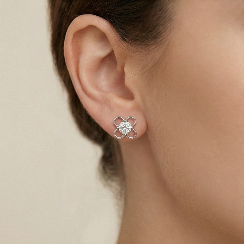 925 Sterling Silver Openwork Flower Stud Earrings Solitaire Center Rhodium Finish Jewellery : AG0202-220-1