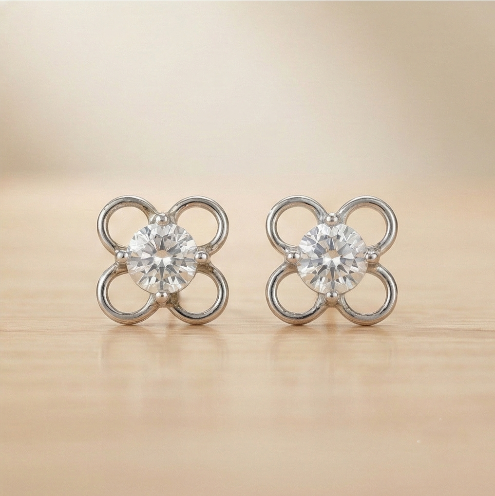 925 Sterling Silver Openwork Flower Stud Earrings Solitaire Center Rhodium Finish Jewellery : AG0202-220-1