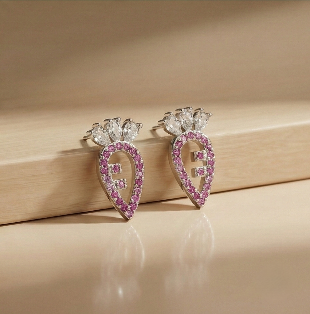 925 Sterling Silver Pink Carrot Stud Earrings Stone Accents Rhodium Finish Jewellery : AG0202-220-2