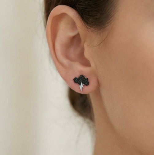 925 Sterling Silver Black Cloud Lightning Bolt Stud Earrings Rhodium Finish Jewellery : AG0202-220-6