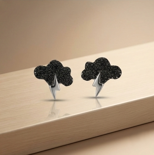 925 Sterling Silver Black Cloud Lightning Bolt Stud Earrings Rhodium Finish Jewellery : AG0202-220-6