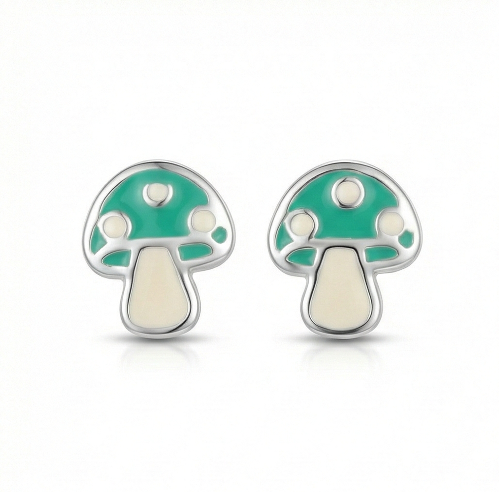 925 Sterling Silver Mushroom Stud Earrings Green Enamel Jewellery For Nature Enthusiasts : AG0202-222-3