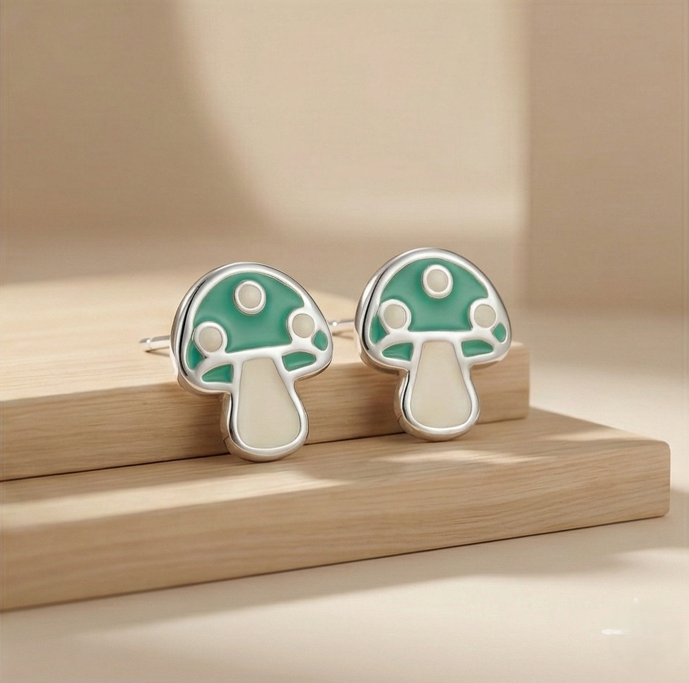 925 Sterling Silver Mushroom Stud Earrings Green Enamel Jewellery For Nature Enthusiasts : AG0202-222-3