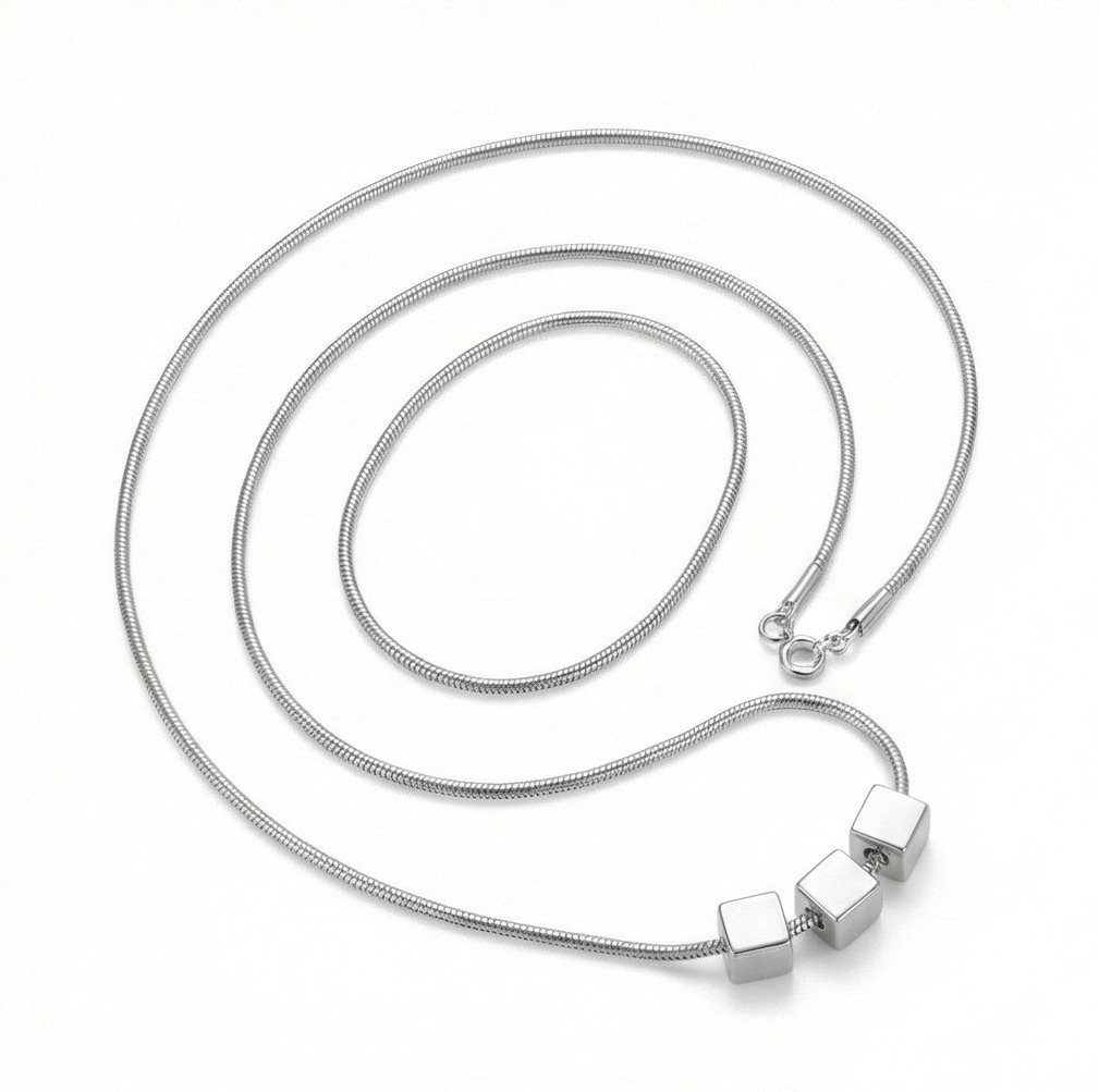 925 Sterling Silver Minimalist Triple Geometric Cube Pendant Necklace High Polish Jewellery For Women : AG0202-24